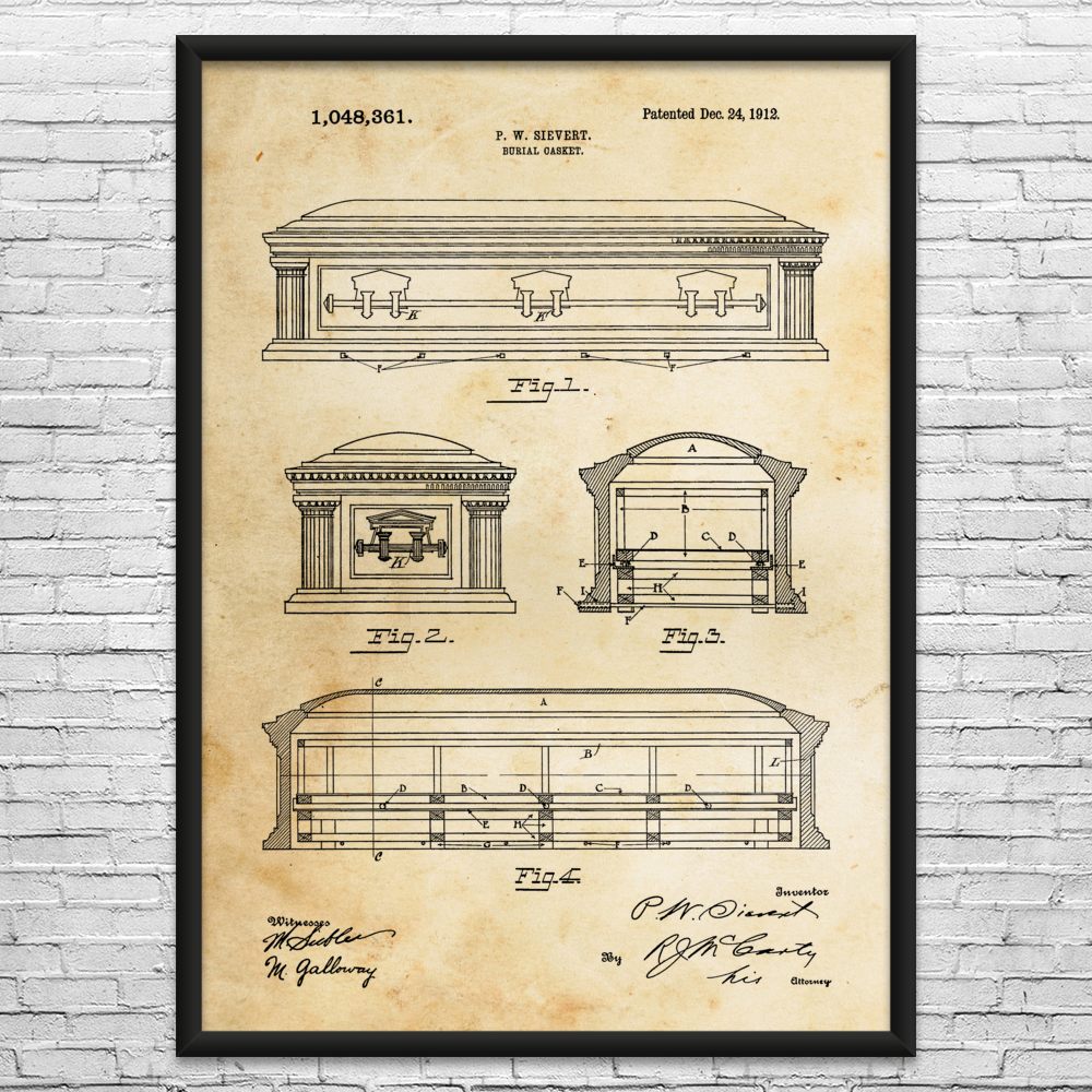 Burial Casket Patent Wall Art: Funeral Director, Mortician Gift, Halloween Decor