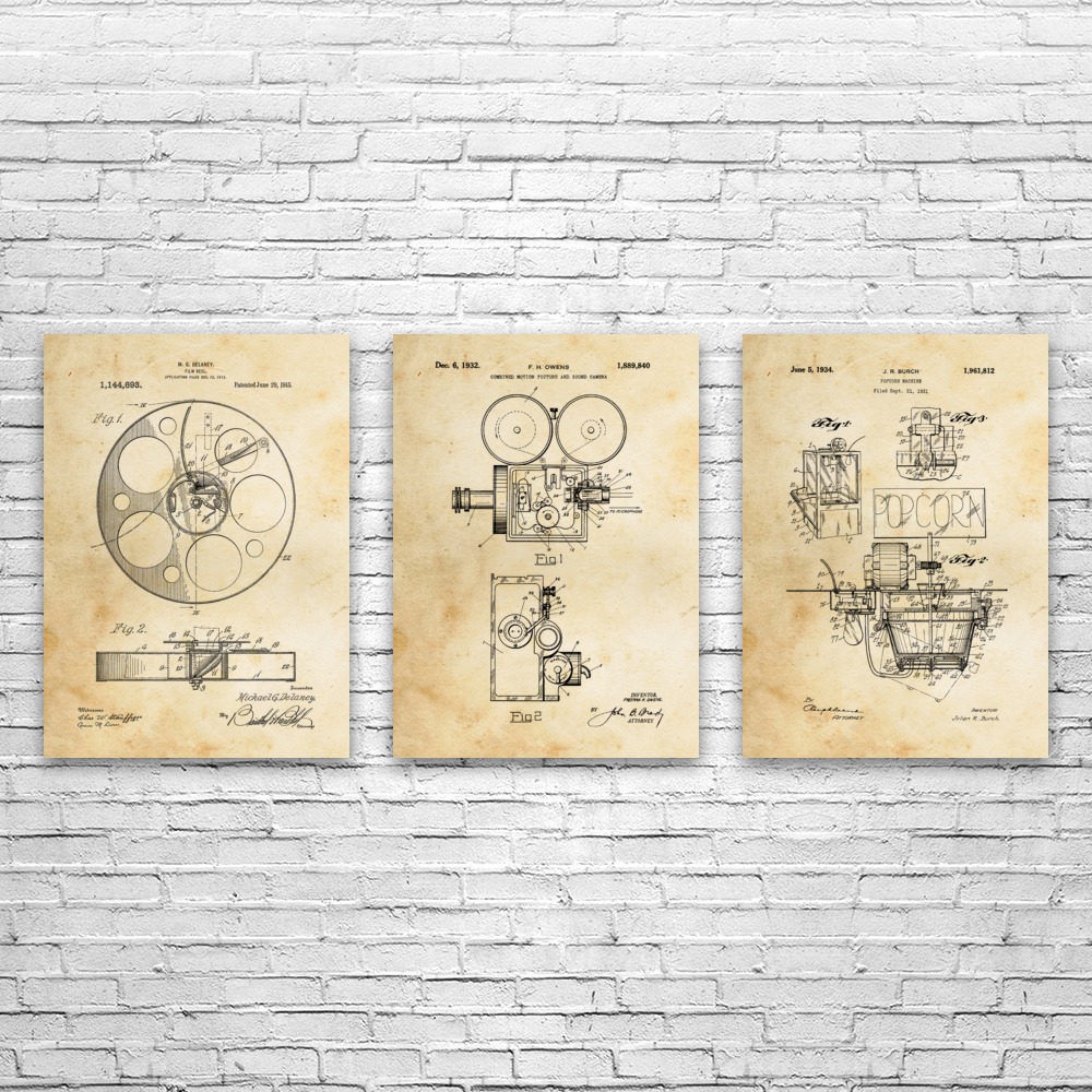 Movie Theater Patent Wall Art Set of 3 Poster, Canvas or Framed Hollywood Decor