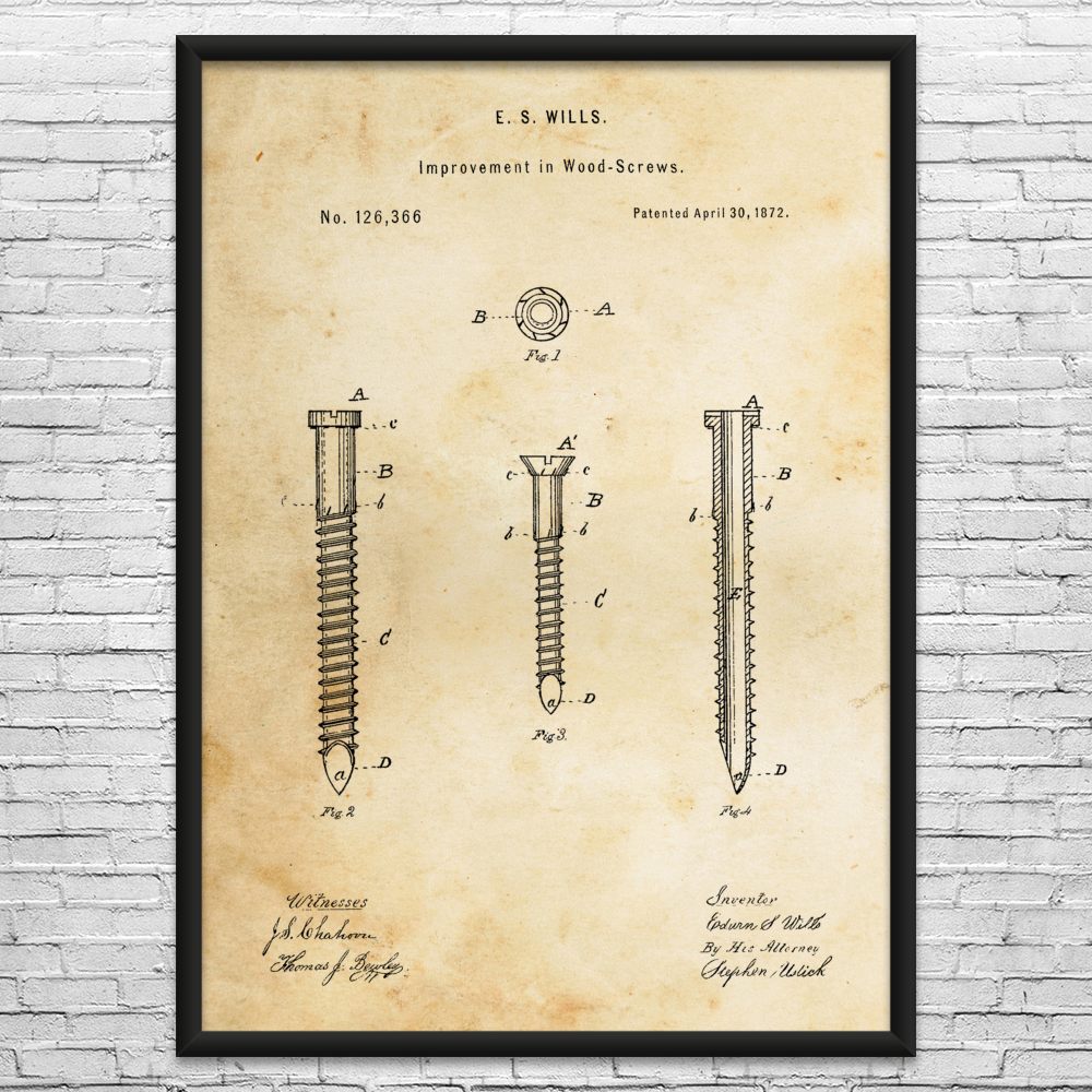 Wood Screw Patent Wall Art: Woodworking Gift, Shop Teacher, Handyman Gift