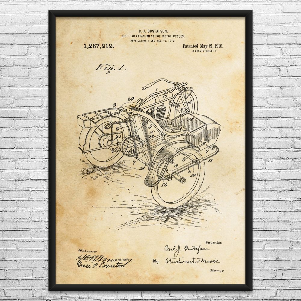Motorcycle Side Car Patent Wall Art: Gearhead Gift, Motorcycle Blueprint