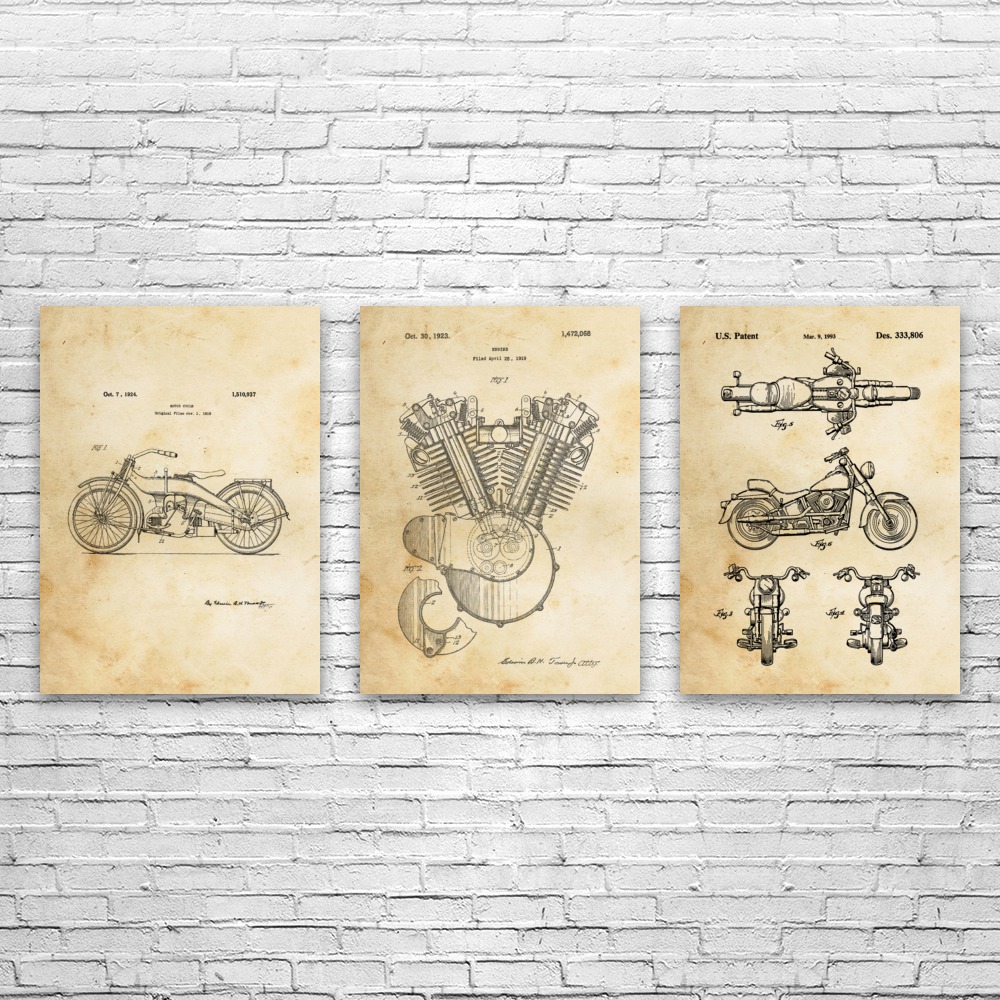 Motorcycle Patent Wall Art Set of 3 Poster, Canvas or Framed Biker Gift