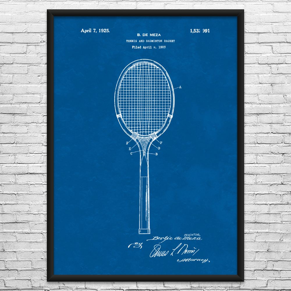 Tennis Racket Patent Wall Art: Tennis Gifts, Home Gym Decor,