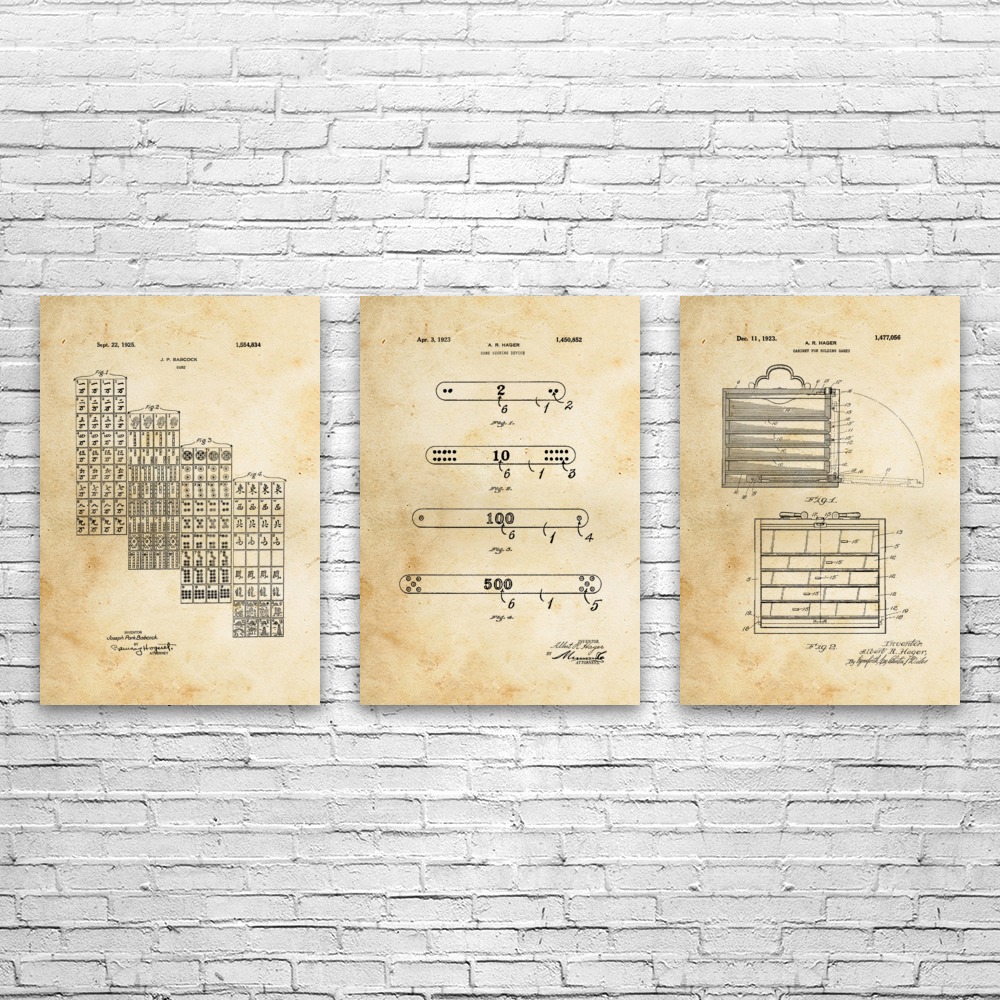 Mahjong Patent Wall Art Set of 3 Poster, Canvas or Framed Board Game Art