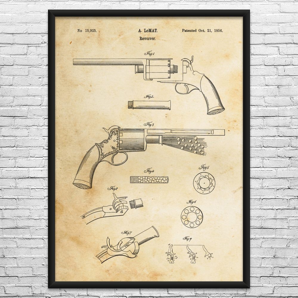 Lemat Revolver Patent Wall Art: Gun Collector Gift, Vintage Revolver