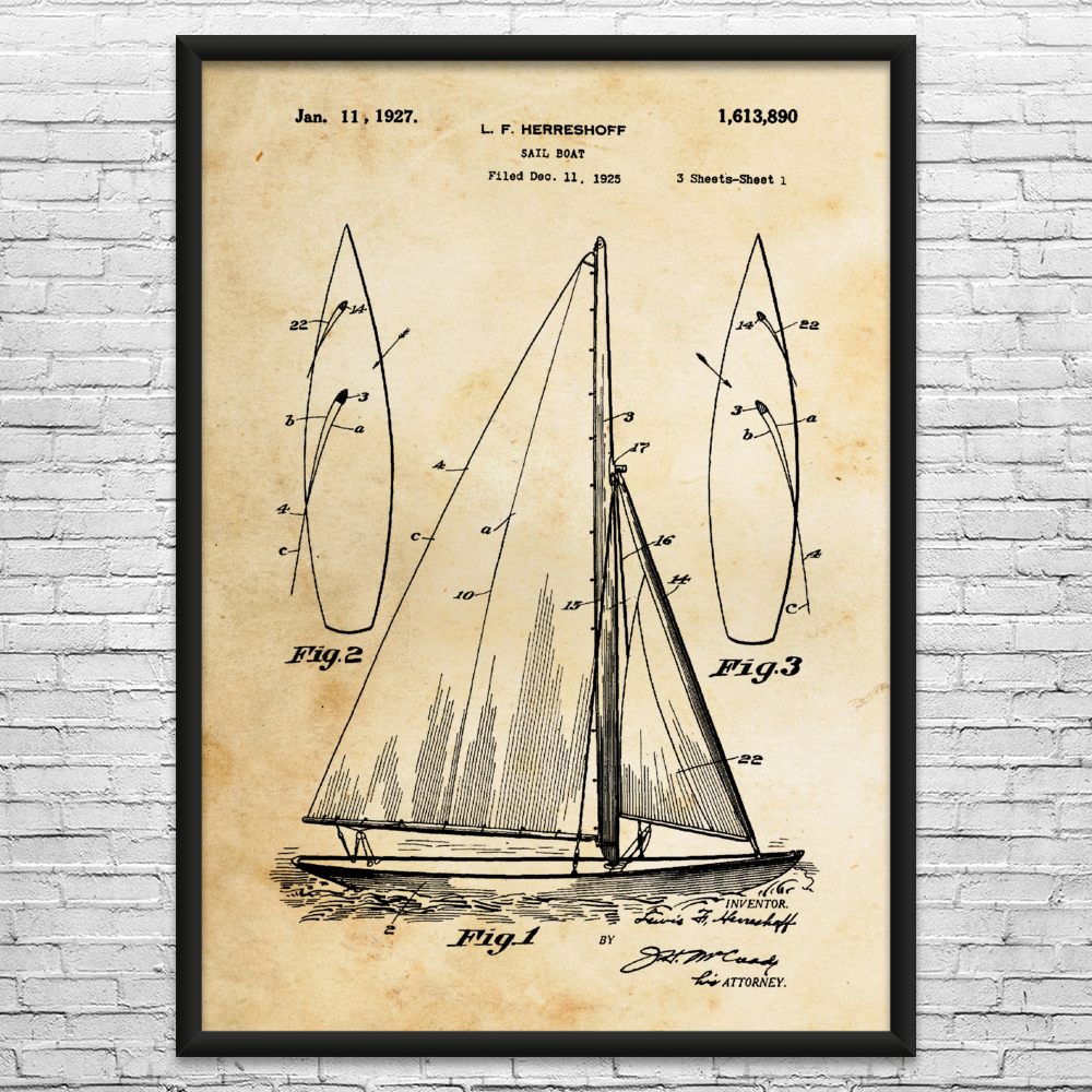 Sailboat Patent Wall Art: Nautical Gift, Boat Blueprint, Sailing Decor