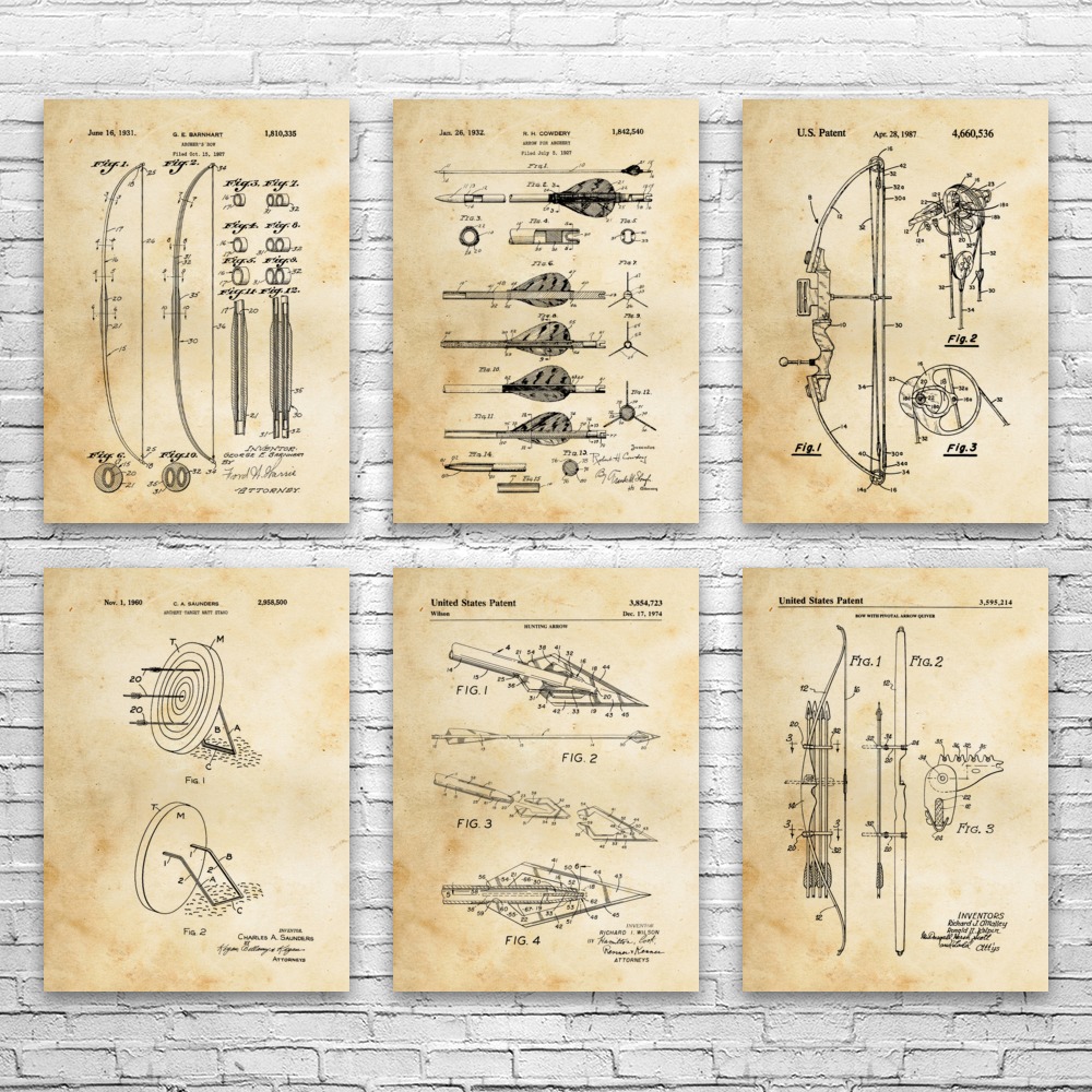 Archery Patent Wall Art Set of 6 Poster, Canvas or Framed Man Cave Decor