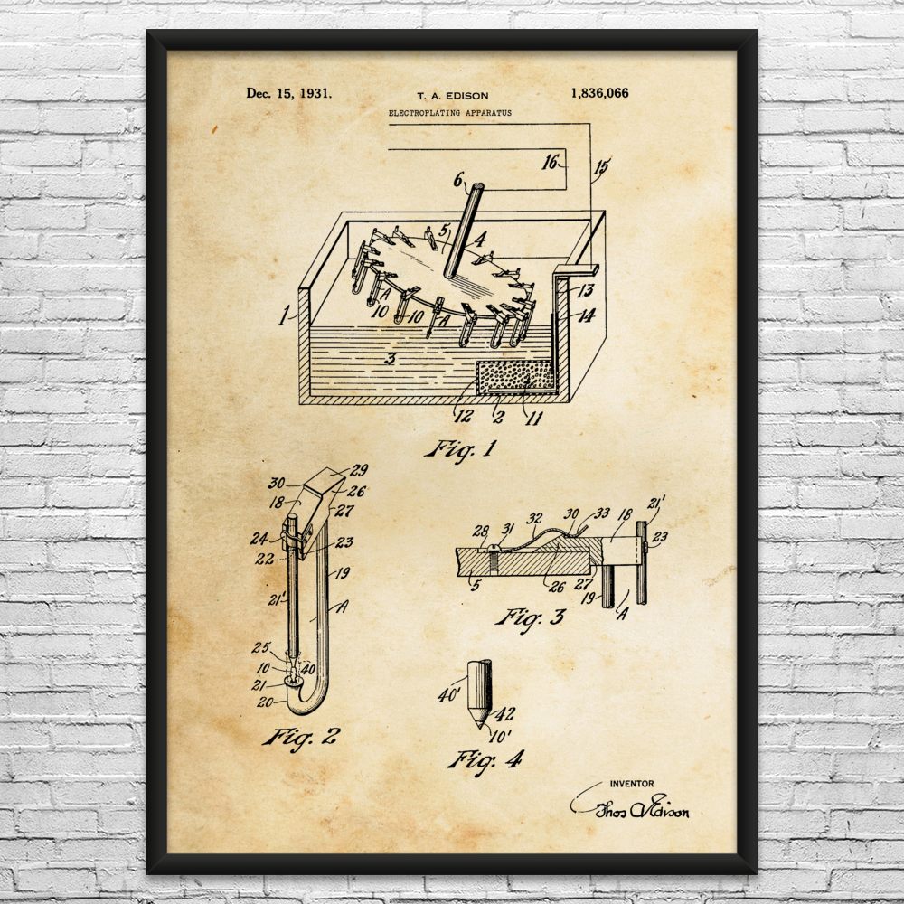 Thomas Edison Electroplating Patent Wall Art: Engineer Gifts, Laboratory Art