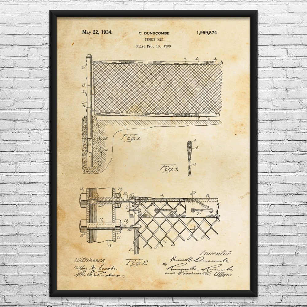 1934 Tennis Net Patent Wall Art: Tennis Art, Man Cave Decor, Tennis Gifts
