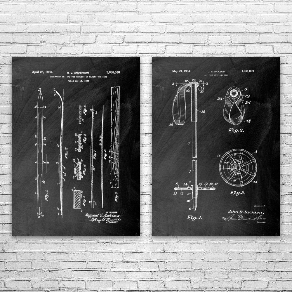 Skiing Patent Wall Art Set of 2 Poster, Canvas or Framed Winter Decor Skiing Art