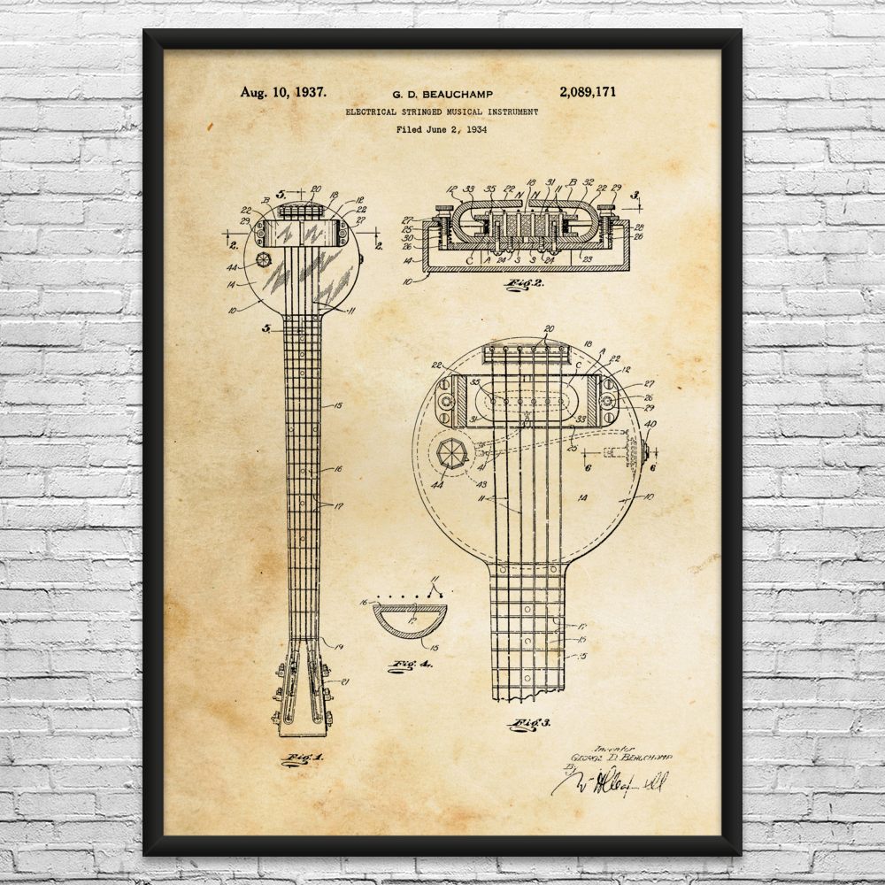 First Electric Guitar Patent Wall Art: Frying Pan Guitar, Guitarist Gift