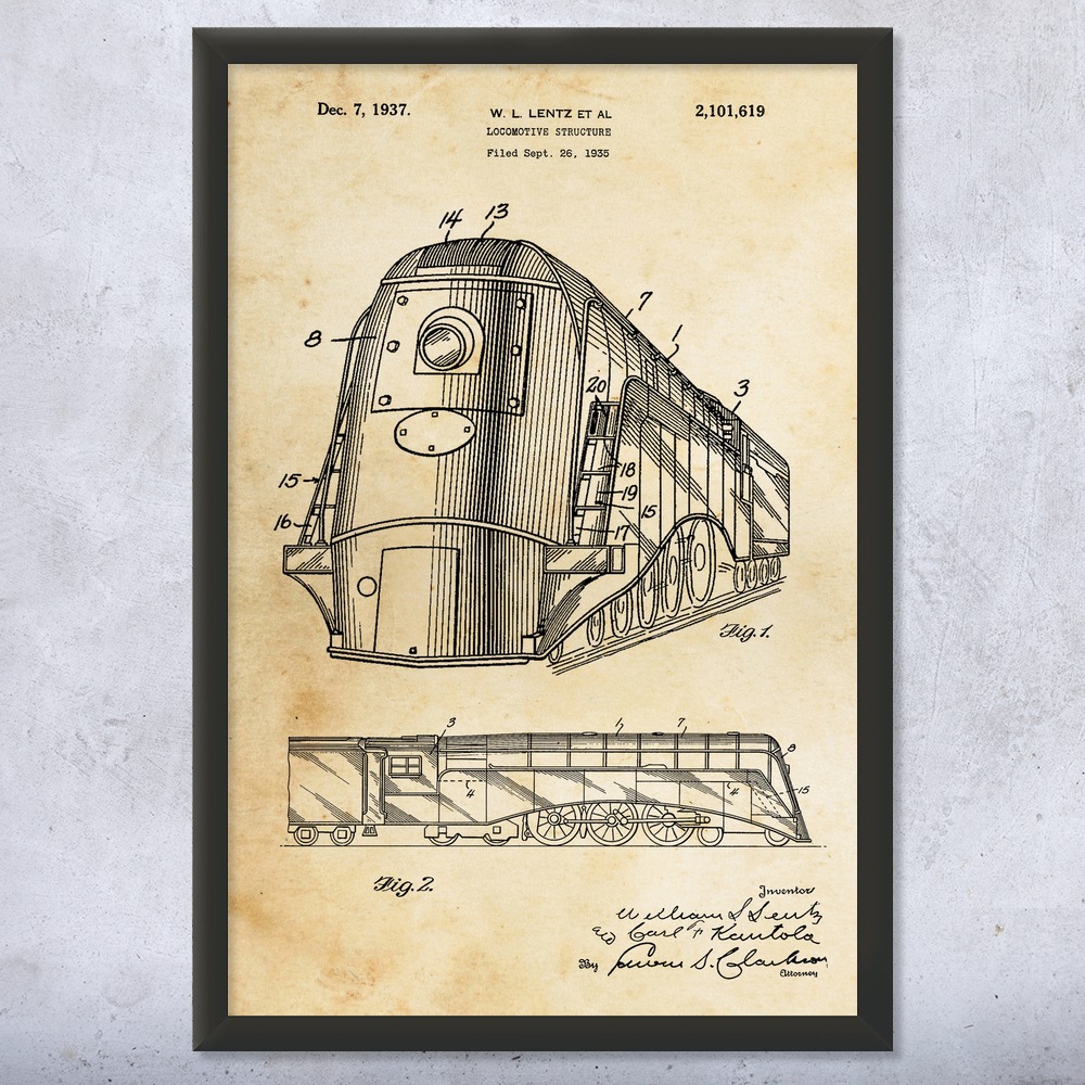 Train Locomotive Patent Wall Art Poster, Canvas or Framed Train Decor - Picture 8 of 15