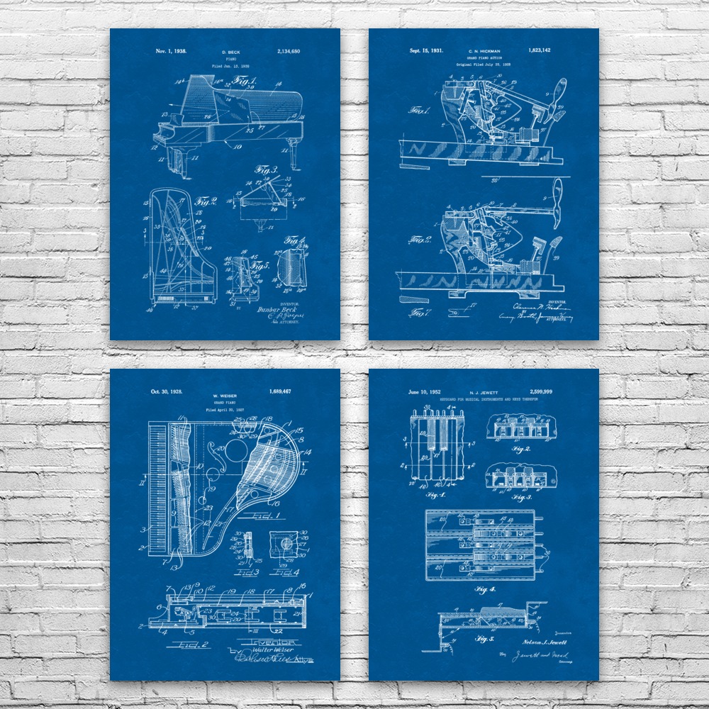 Piano Patent Wall Art Set of 4 Poster, Canvas or Framed Music Room Decor - Picture 8 of 12