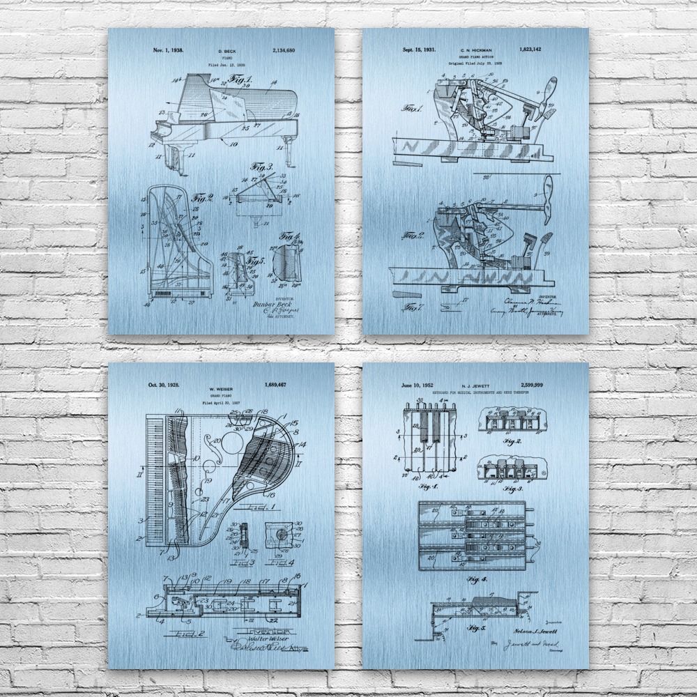 Piano Patent Wall Art Set of 4 Poster, Canvas or Framed Music Room Decor - Picture 10 of 12