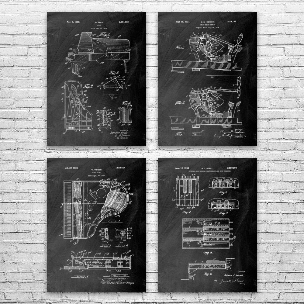 Piano Patent Wall Art Set of 4 Poster, Canvas or Framed Music Room Decor - Picture 5 of 12
