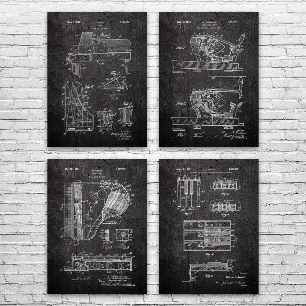 Piano Patent Wall Art Set of 4 Poster, Canvas or Framed Music Room Decor - Picture 9 of 12