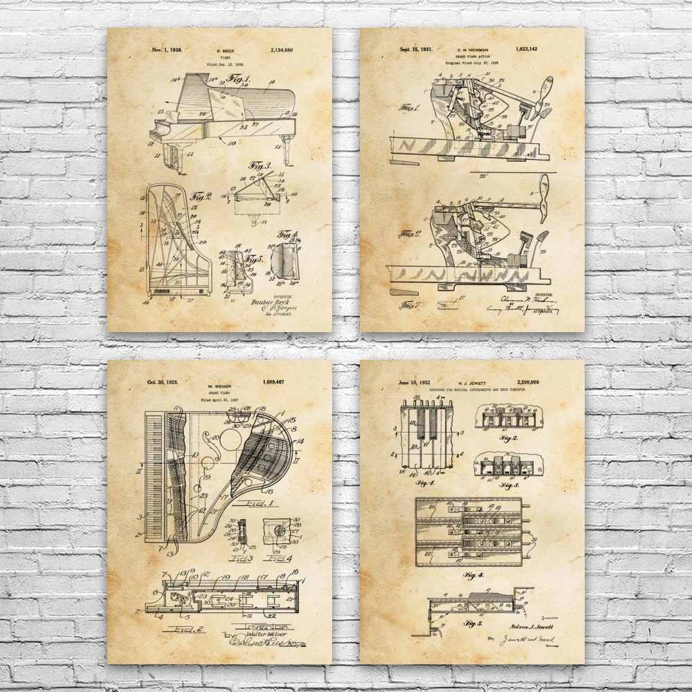 Piano Patent Wall Art Set of 4 Poster, Canvas or Framed Music Room Decor - Picture 6 of 12