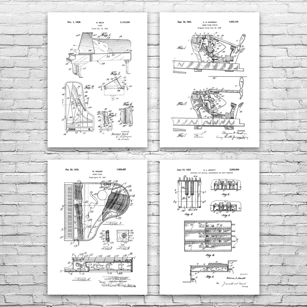 Piano Patent Wall Art Set of 4 Poster, Canvas or Framed Music Room Decor - Picture 11 of 12
