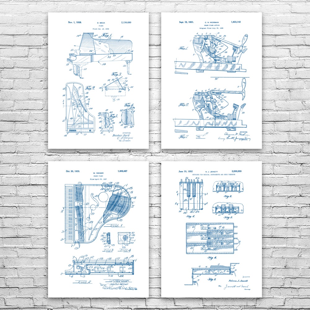 Piano Patent Wall Art Set of 4 Poster, Canvas or Framed Music Room Decor - Picture 12 of 12