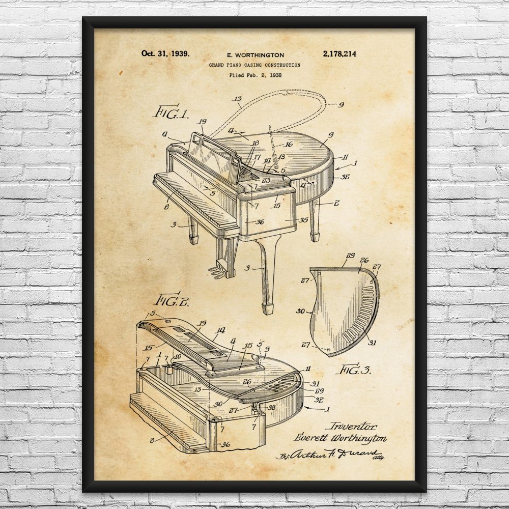 1939 Grand Piano Patent Wall Art: Music Wall Art, Piano Player Gifts