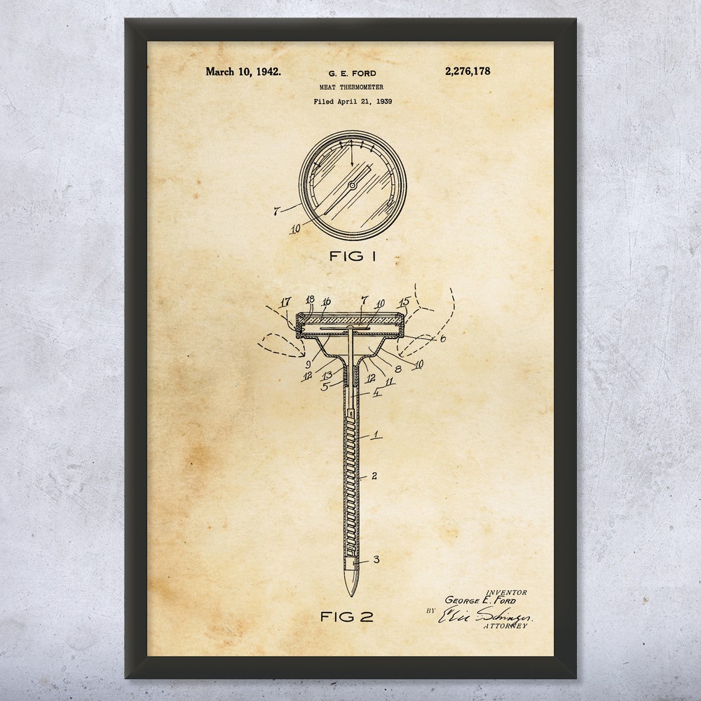 Meat Thermometer Patent Wall Art Poster, Canvas or Framed Restaurant Decor - Picture 8 of 15