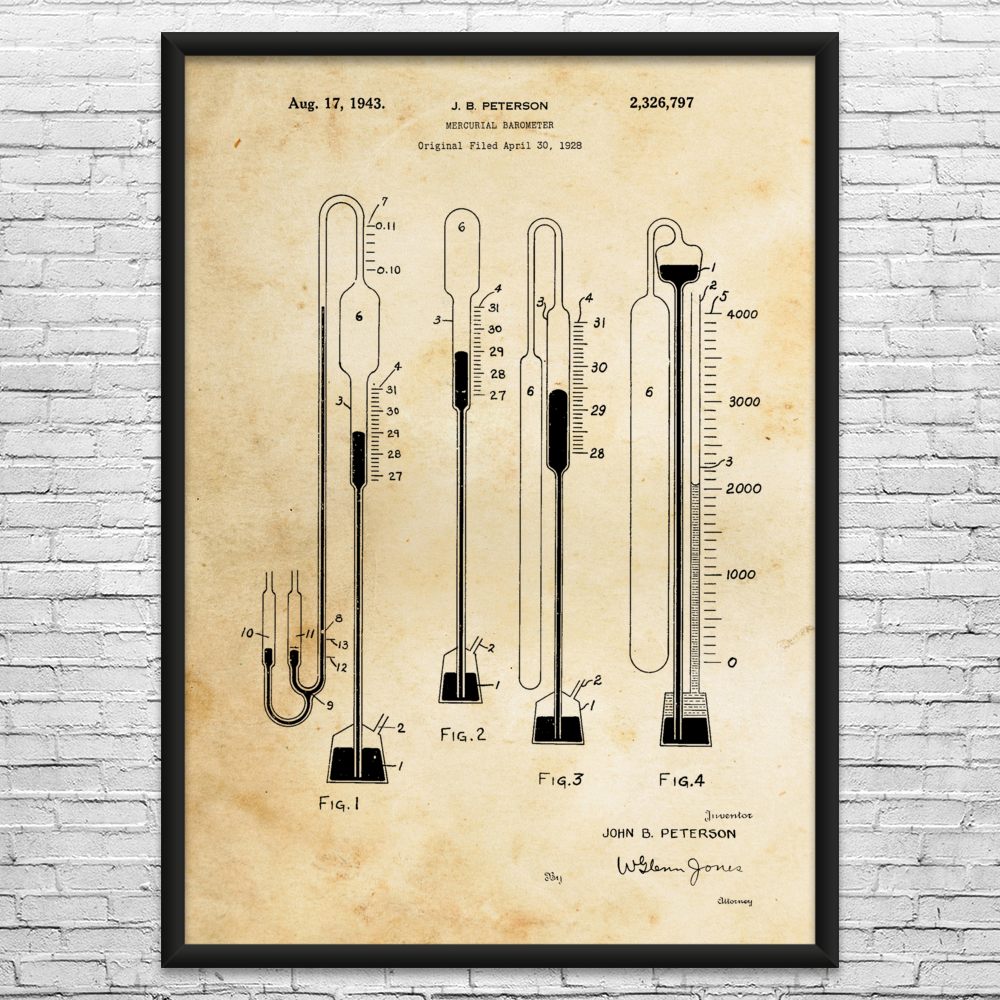 Mercurial Barometer Patent Wall Art: Science Teacher Gift, Barometer Wall Art