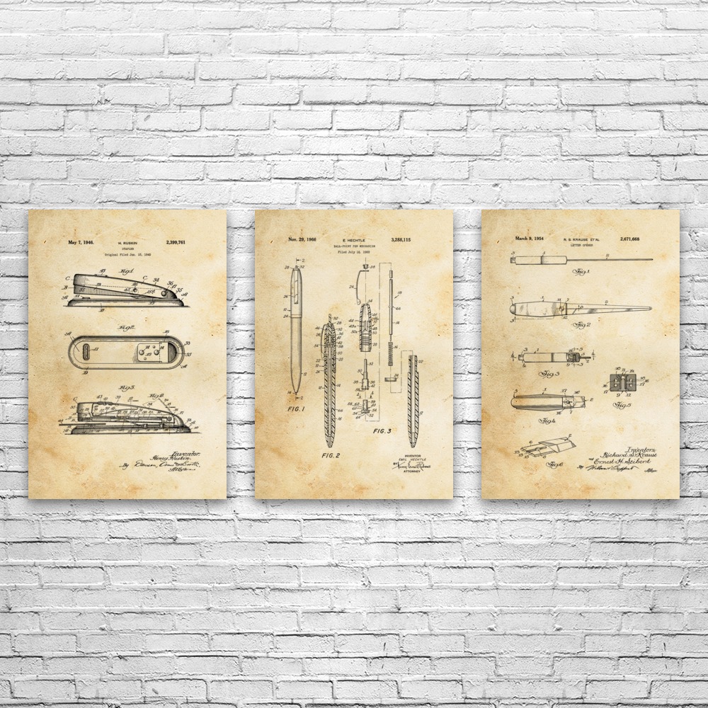 Office Patent Wall Art Set of 3 Poster, Canvas or Framed Boss Gift Office Art