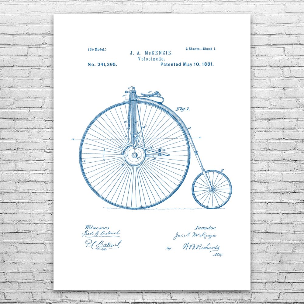 Velocipede Patent Poster Print 12 SIZES Penny Farthing Bike Decor Sports Gifts