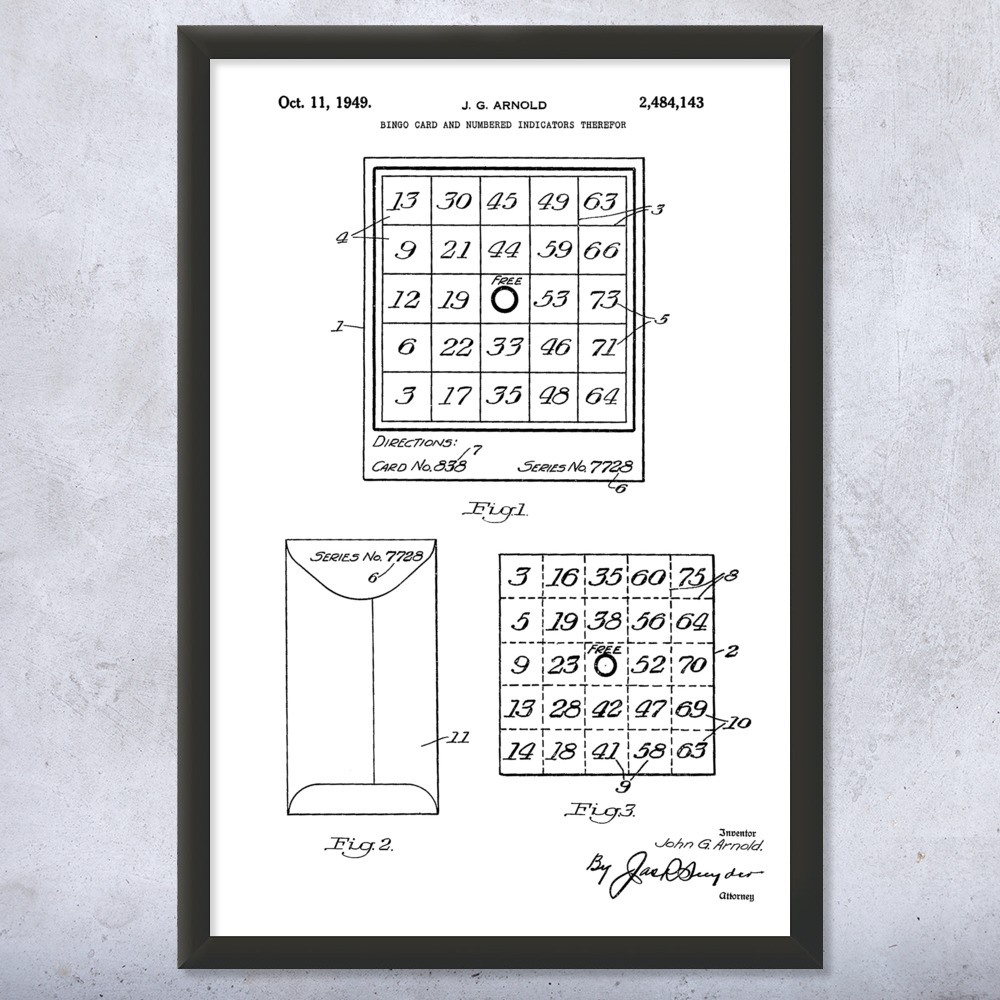 Bingo Card Patent Wall Art Poster, Canvas or Framed Bingo Decor Gaming Gifts - Picture 14 of 15