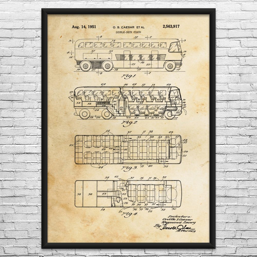 Double Decker Bus Patent Wall Art: Public Transit, Garage Art, Retirement Gifts