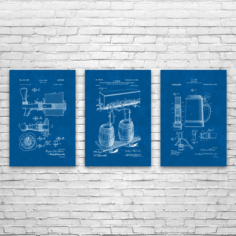 Bier Patent Wandbild 3er Set Poster, Leinwand oder gerahmt Bar Deko Barkeeper Geschenk - Bild 8 von 12