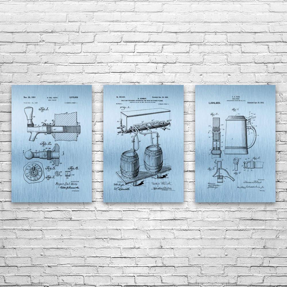 Bier Patent Wandbild 3er Set Poster, Leinwand oder gerahmt Bar Deko Barkeeper Geschenk - Bild 10 von 12