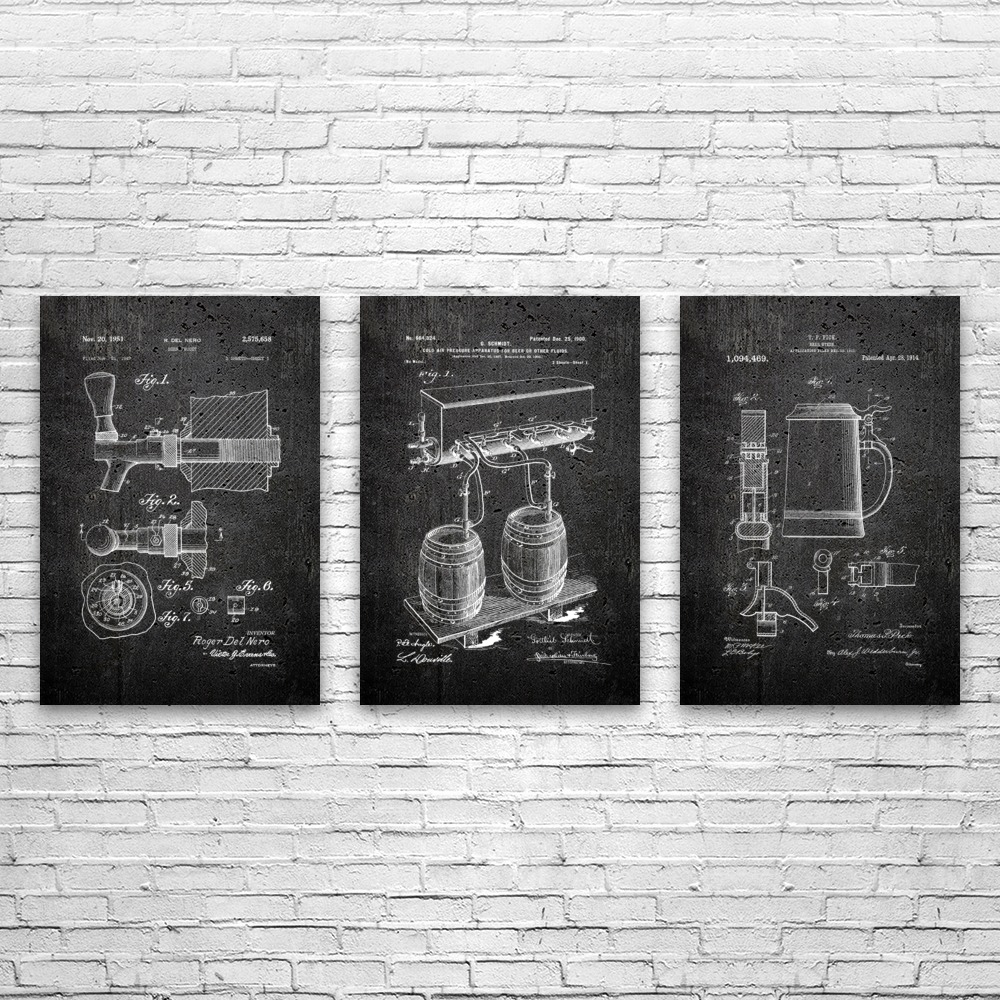Bier Patent Wandbild 3er Set Poster, Leinwand oder gerahmt Bar Deko Barkeeper Geschenk - Bild 9 von 12