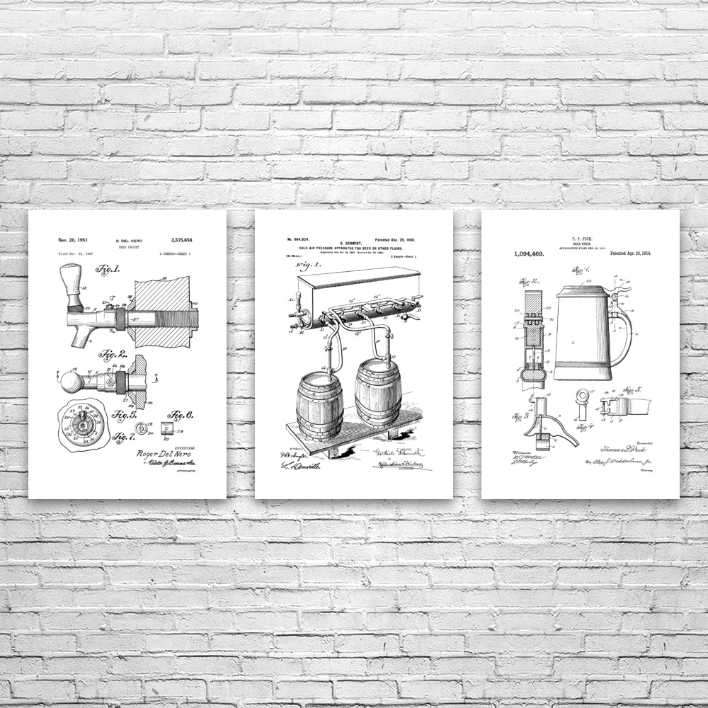 Bier Patent Wandbild 3er Set Poster, Leinwand oder gerahmt Bar Deko Barkeeper Geschenk - Bild 11 von 12