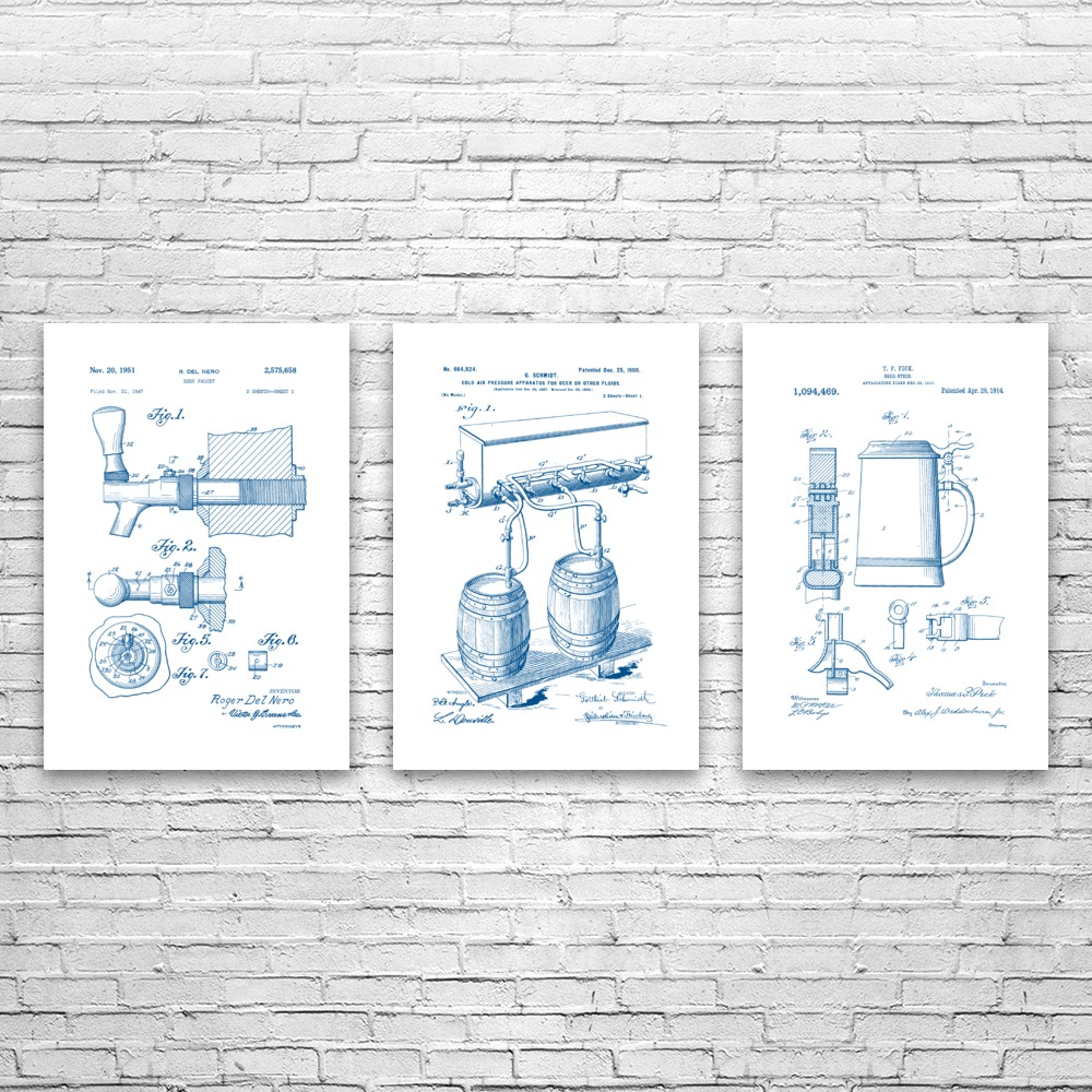 Bier Patent Wandbild 3er Set Poster, Leinwand oder gerahmt Bar Deko Barkeeper Geschenk - Bild 12 von 12
