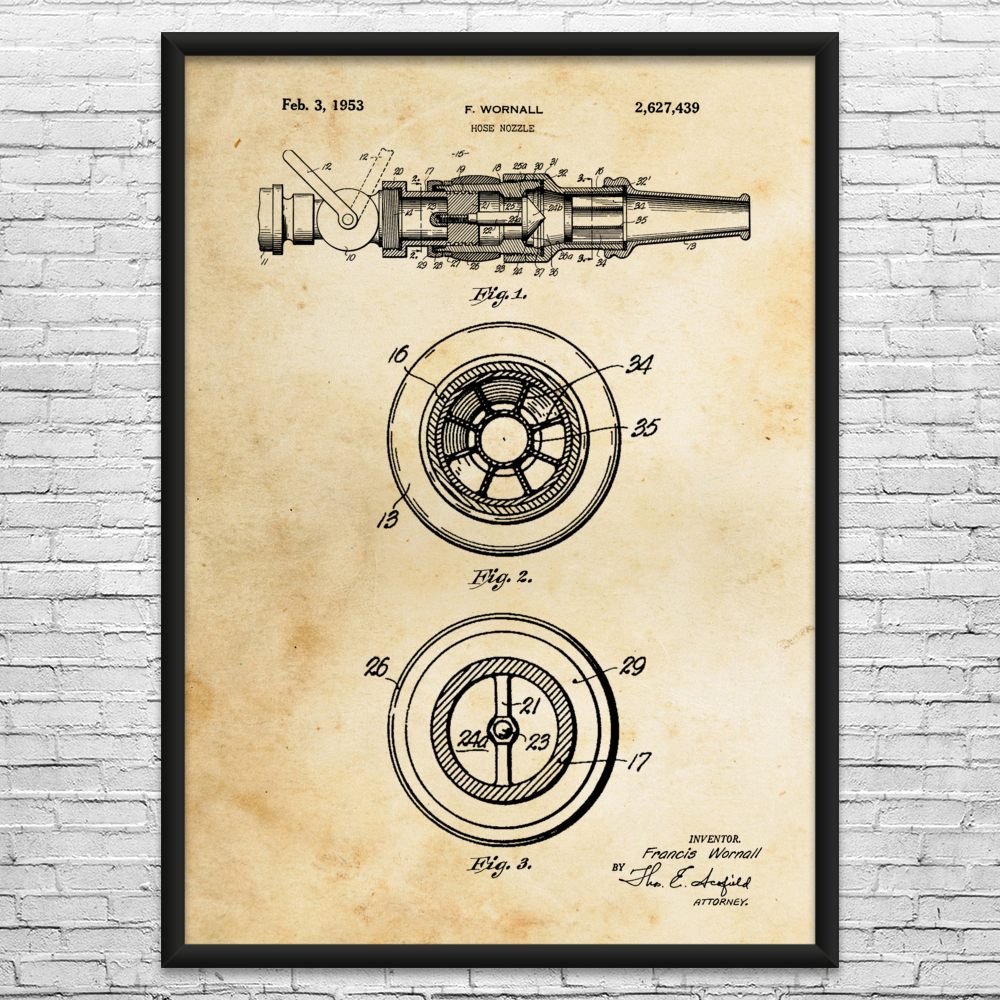 Fire Hose Nozzle Patent Wall Art: Firehouse Decor, Firehose Art, Fireman Gift