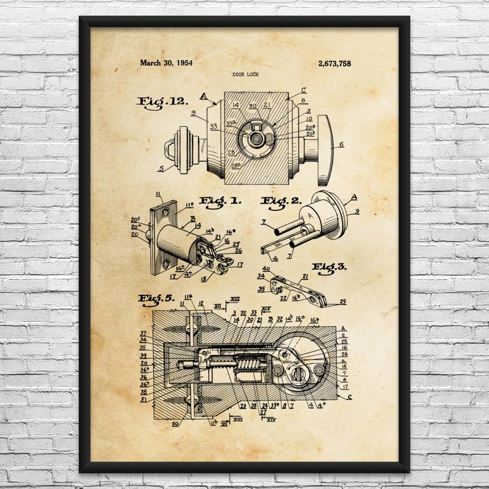 Deadbolt Door Lock Patent Wall Art: Locksmith Gift, Lock Blueprint, Dial Lock