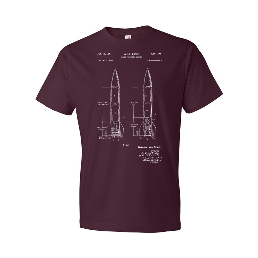 Wernher Von Braun Rocket Patent Shirt V2 Rocket Blueprint Engineer Gift - Picture 9 of 11