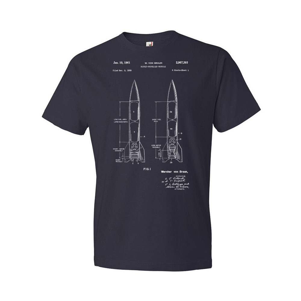 Wernher Von Braun Rocket Patent Shirt V2 Rocket Blueprint Engineer Gift - Picture 7 of 11