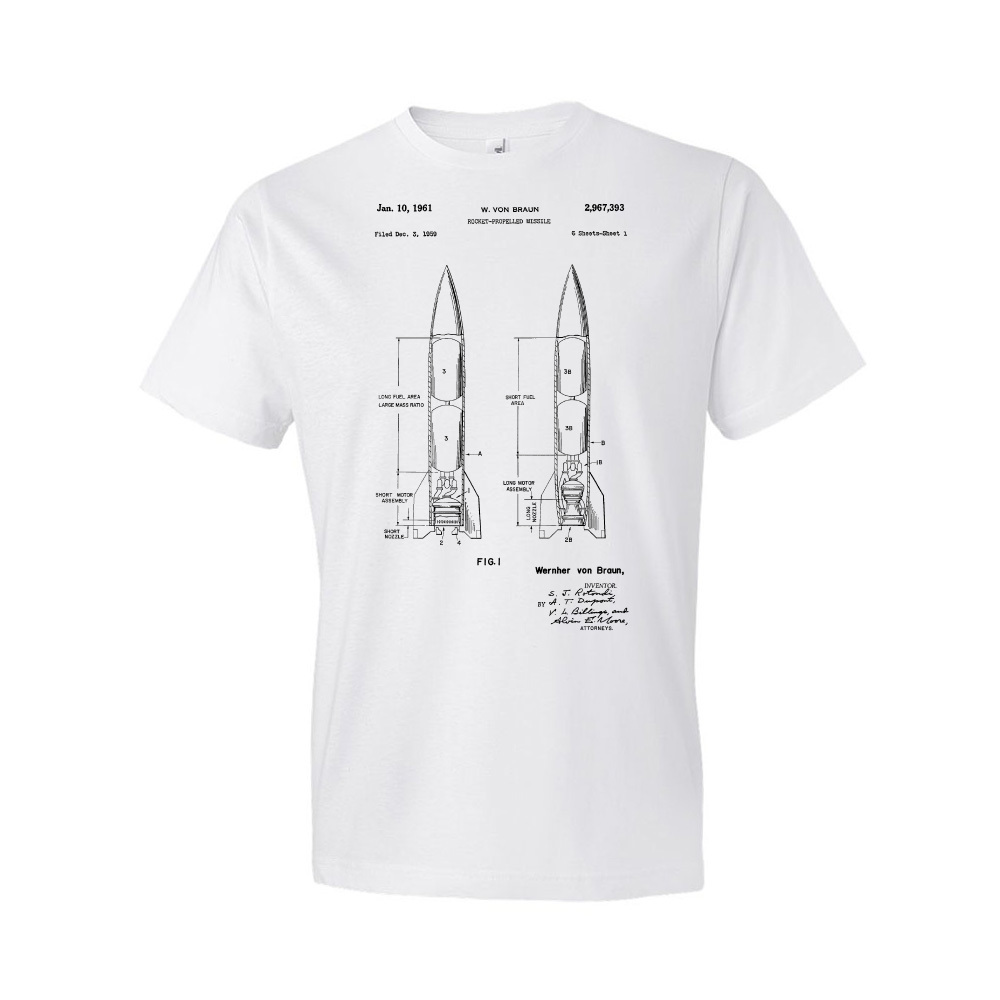 Wernher Von Braun Rocket Patent Shirt V2 Rocket Blueprint Engineer Gift - Picture 3 of 11