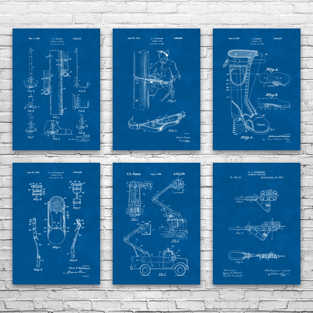 Lineman Patent Wall Art Set of 6 Poster, Canvas or Framed Lineworker Gift - Picture 8 of 12