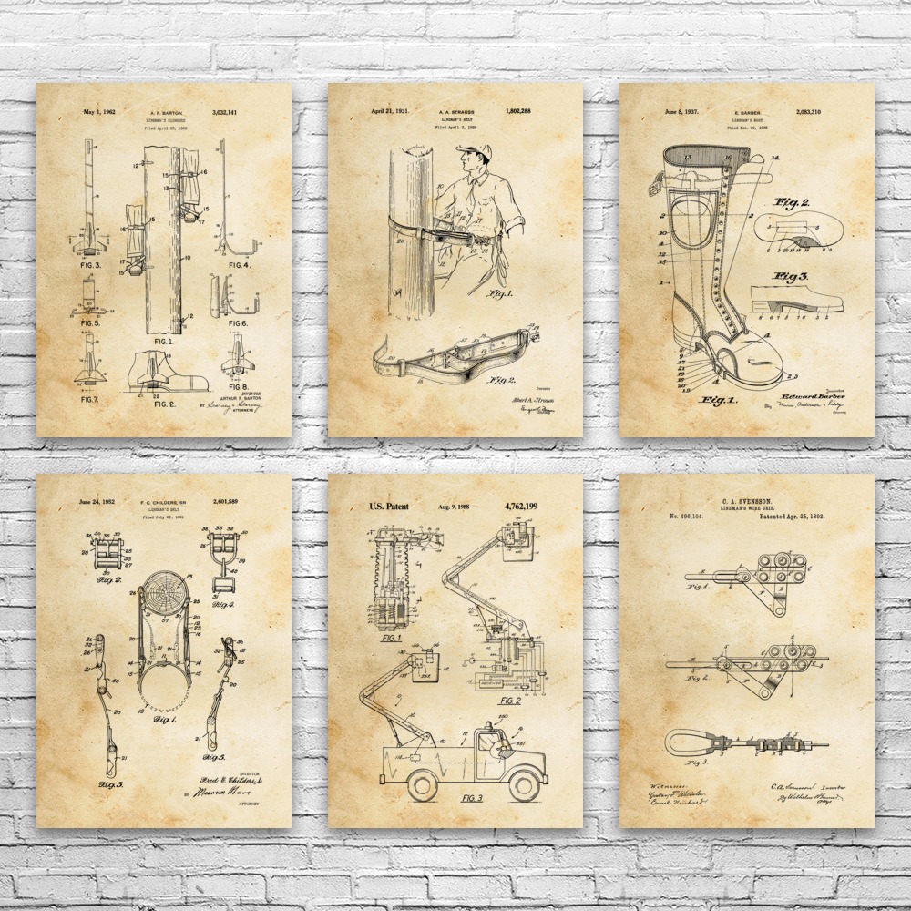 Lineman Patent Wall Art Set of 6 Poster, Canvas or Framed Lineworker Gift - Picture 5 of 12