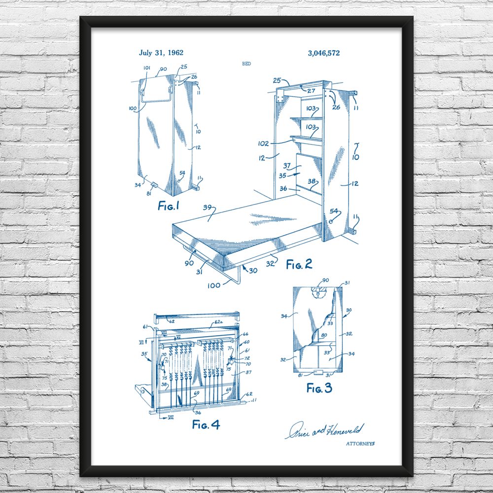 Framed Murphy Bed Wall Art Print Hotel Decor Wall Bed Blueprint Tiny House Gifts