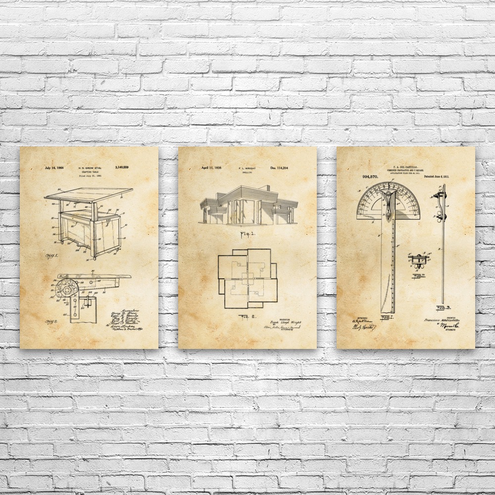 Architect Patent Wall Art Set of 3 Poster, Canvas or Framed Structural Engineer