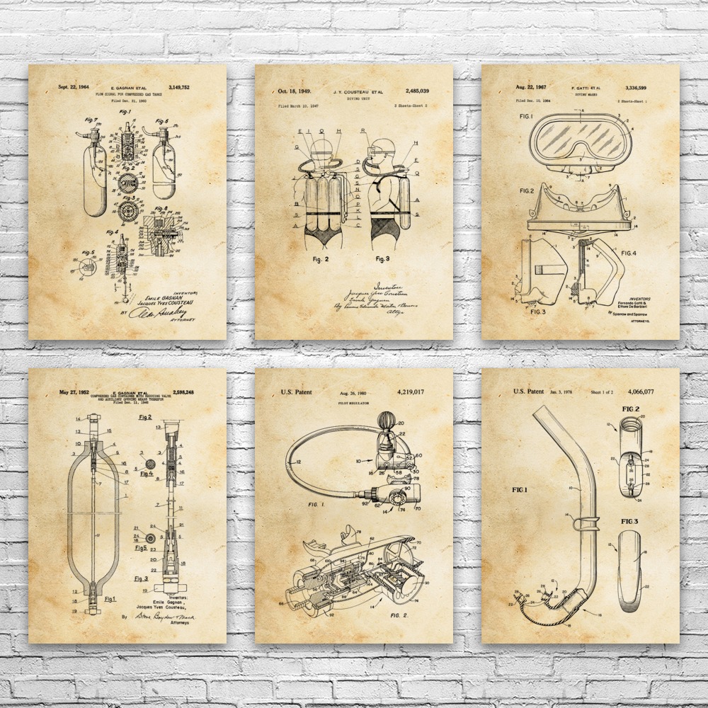 Scuba Diving Patent Wall Art Set of 6 Poster, Canvas or Framed Swimming Gifts