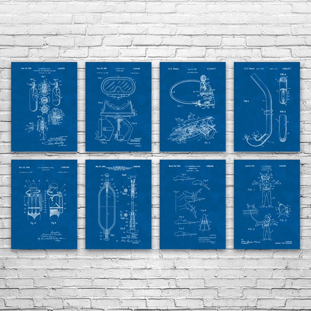 Scuba Diving Patent Wall Art Set of 8 Poster, Canvas or Framed Swimming Gifts - Picture 8 of 12