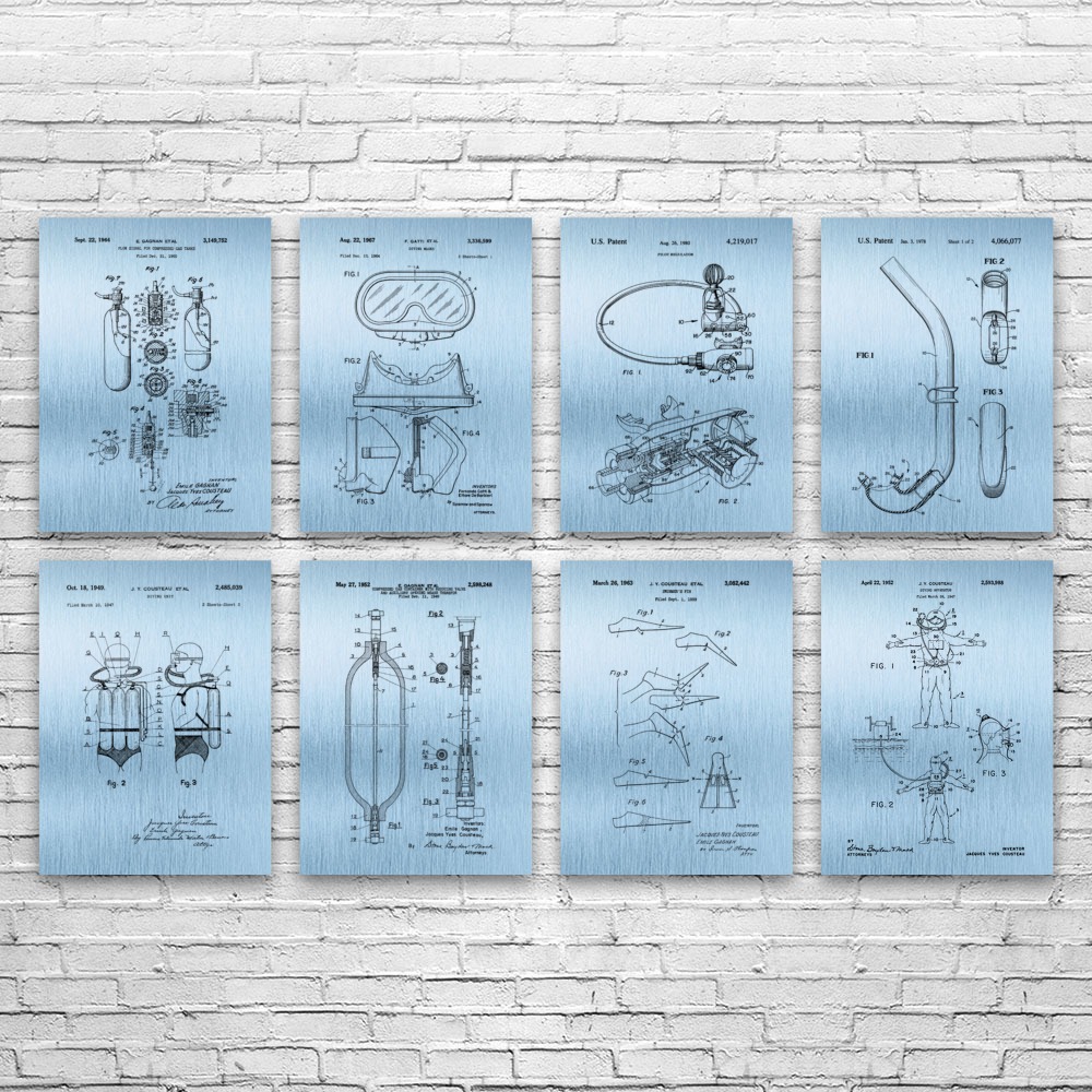 Scuba Diving Patent Wall Art Set of 8 Poster, Canvas or Framed Swimming Gifts - Picture 10 of 12
