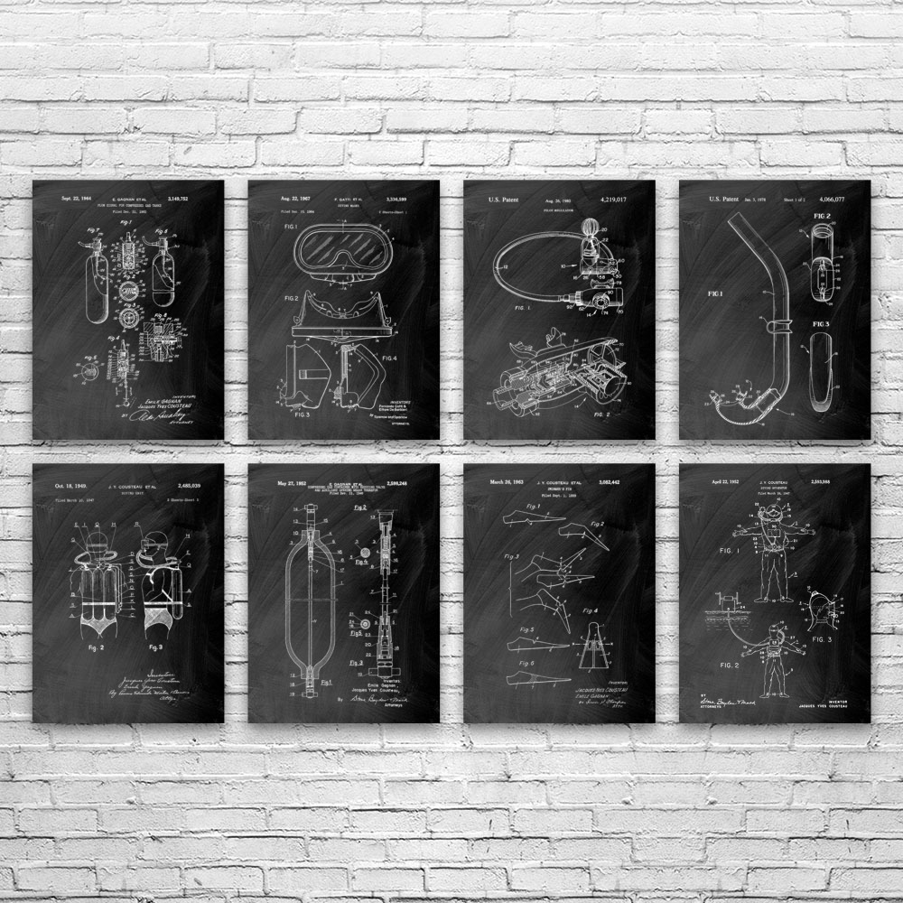 Scuba Diving Patent Wall Art Set of 8 Poster, Canvas or Framed Swimming Gifts - Picture 6 of 12