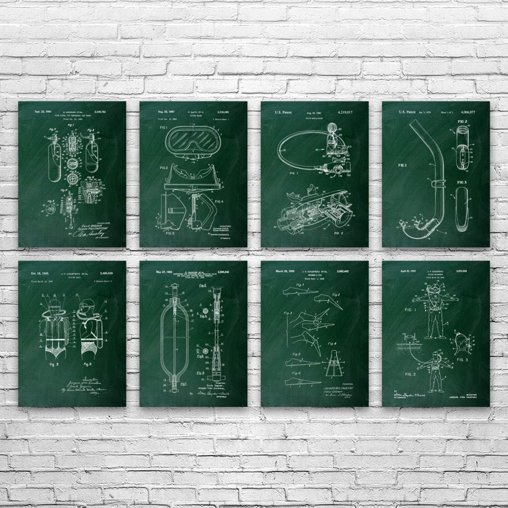 Scuba Diving Patent Wall Art Set of 8 Poster, Canvas or Framed Swimming Gifts - Picture 7 of 12
