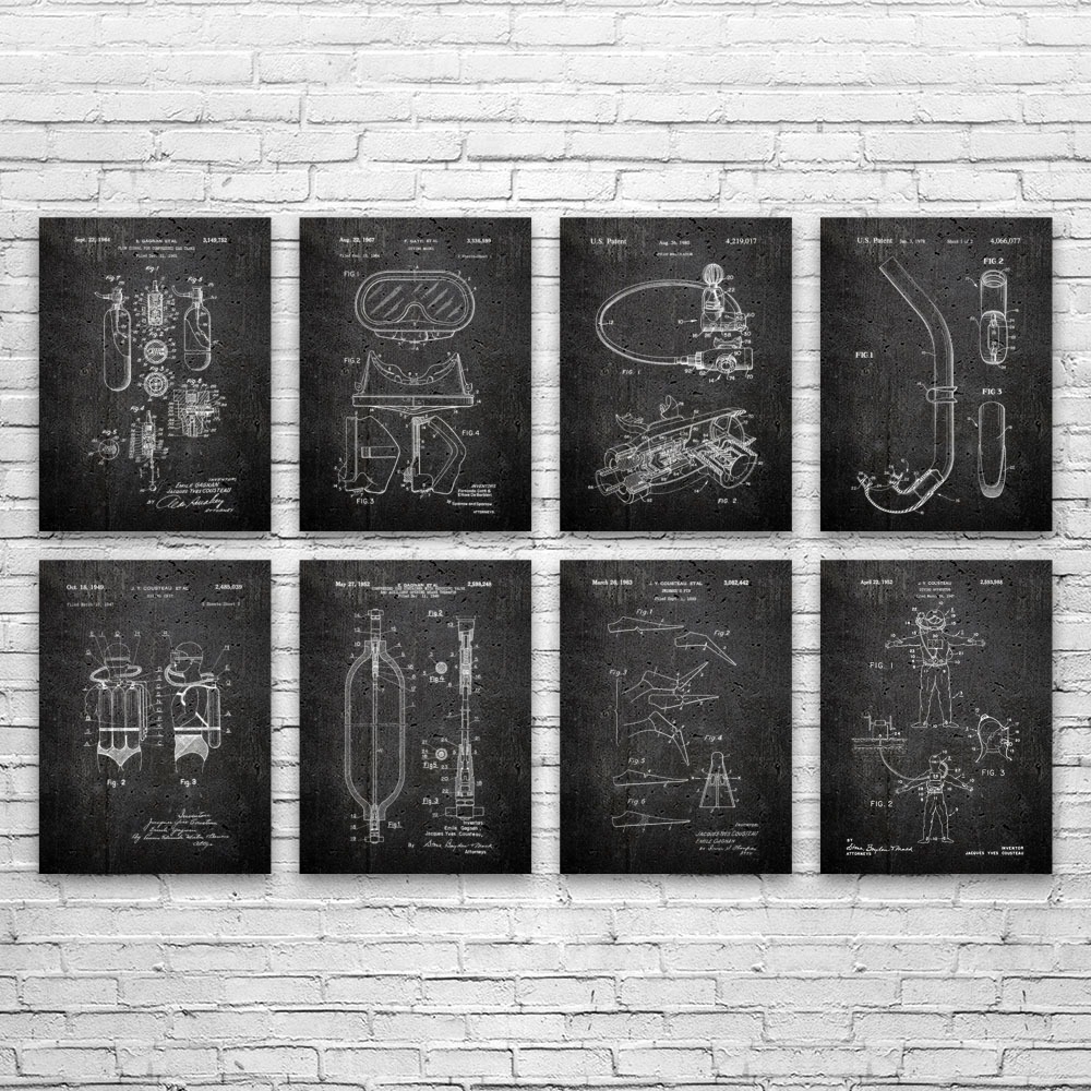 Scuba Diving Patent Wall Art Set of 8 Poster, Canvas or Framed Swimming Gifts - Picture 9 of 12