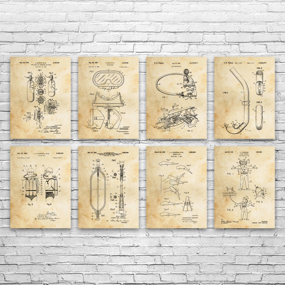 Scuba Diving Patent Wall Art Set of 8 Poster, Canvas or Framed Swimming Gifts - Picture 5 of 12